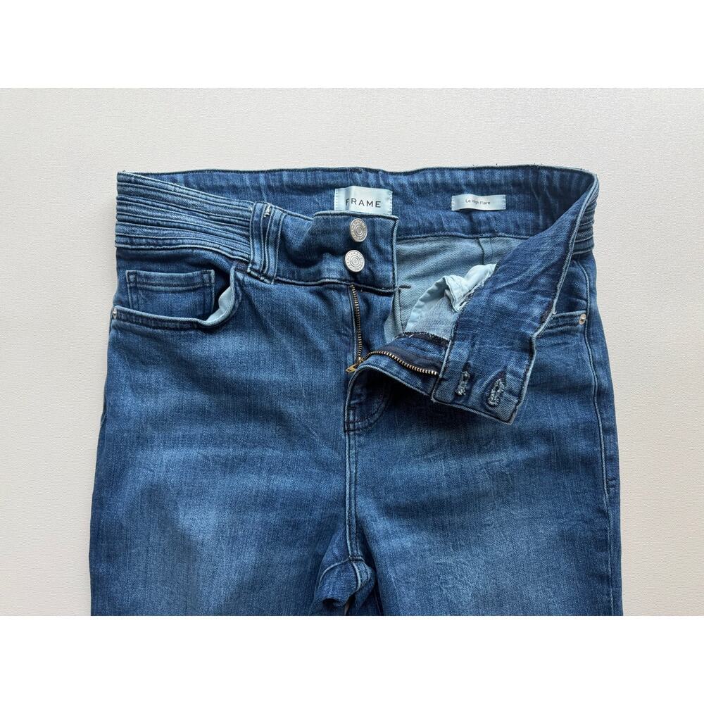 Frame Women's Medium Wash Blue Le High Flare Ruched Waistband Jeans Size 29 - Picture 5 of 13
